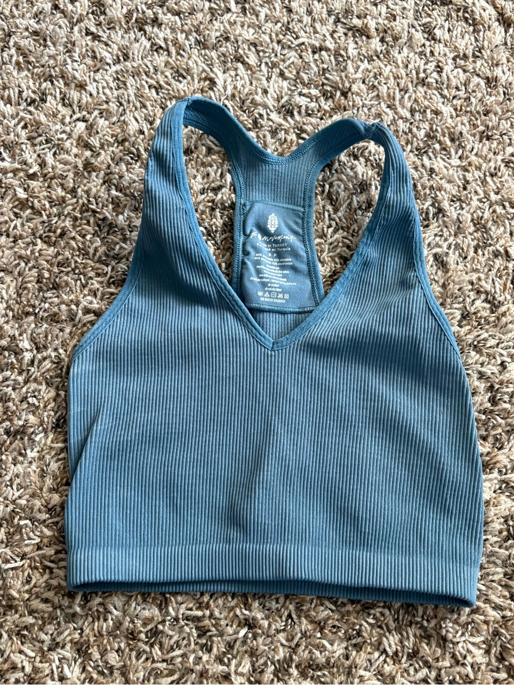 FP Movement by Free People Ribbed V-Neck Racerback Bralette - Teal Blue